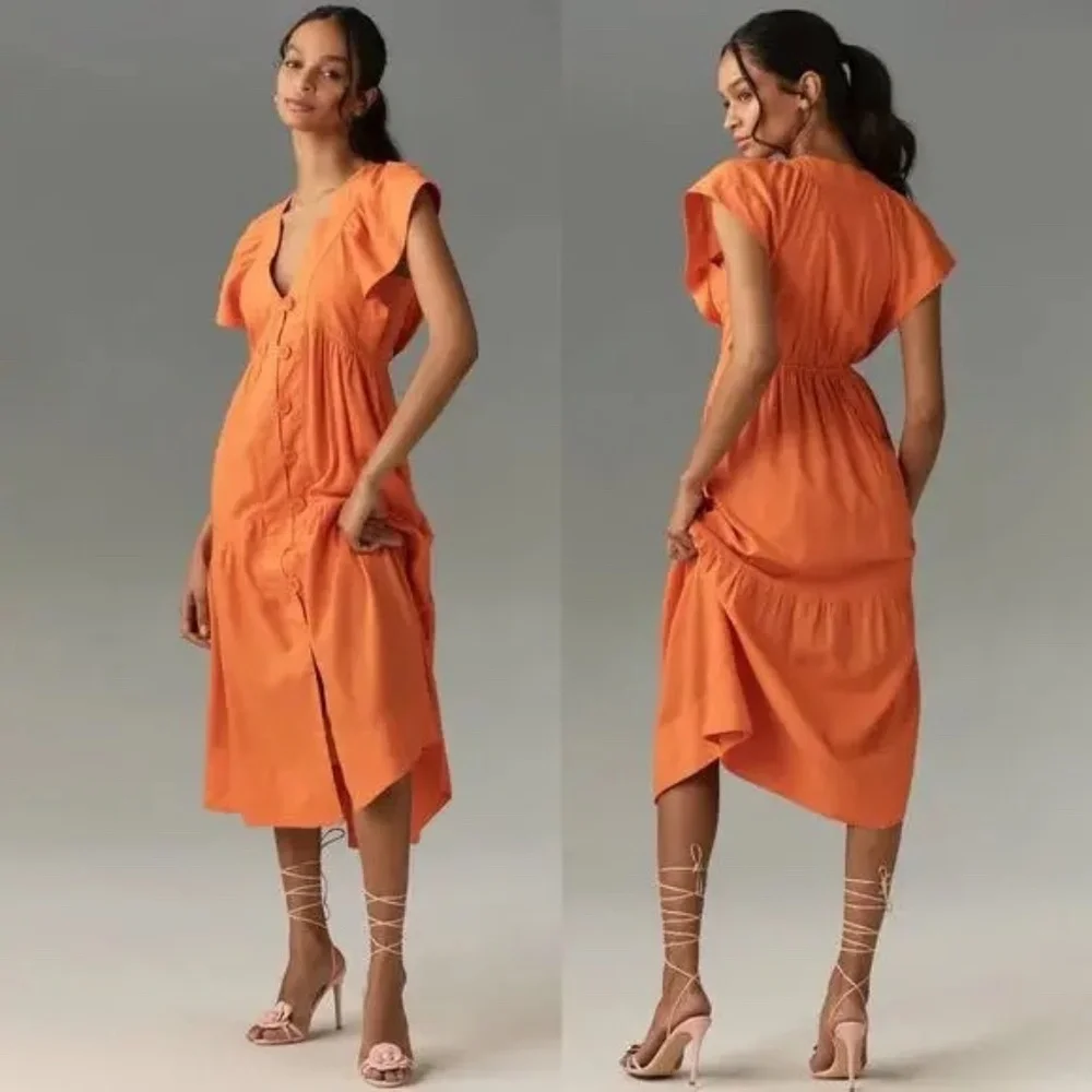 by Anthropologie Renee Dress XS Midi Orange Linen Flutter Sleeve - Picture 2 of 9